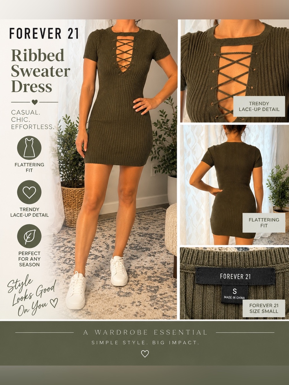 Olive colored lace up ribbed sweater dress from forever 21 size small like New! - Picture 1 of 5